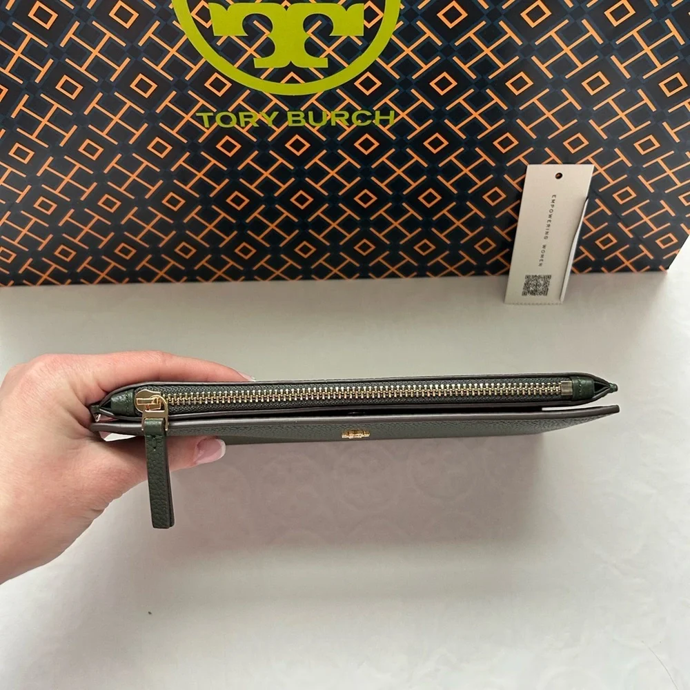 Tory Burch Blake Color Block Slim Envelope Wallet Basil Gold Dark Green